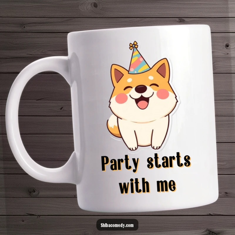 Funny mug showcasing a joyful Shiba Inu dog wearing a festive party hat and enthusiastically wagging its tail.