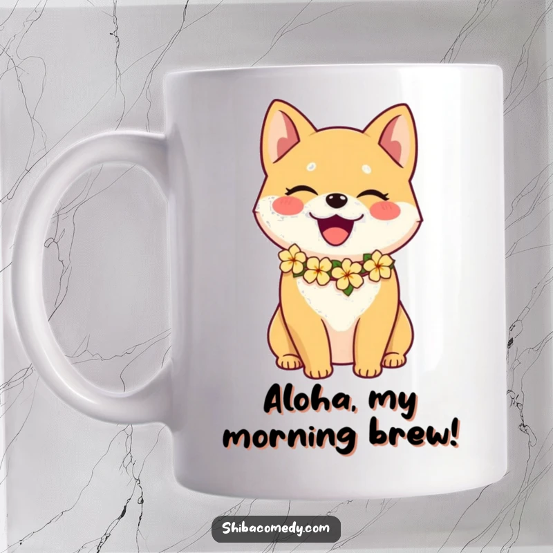 Funny Shiba Inu mug with a happy dog wearing a colorful flower lei, embodying pure joy and tropical vacation vibes.