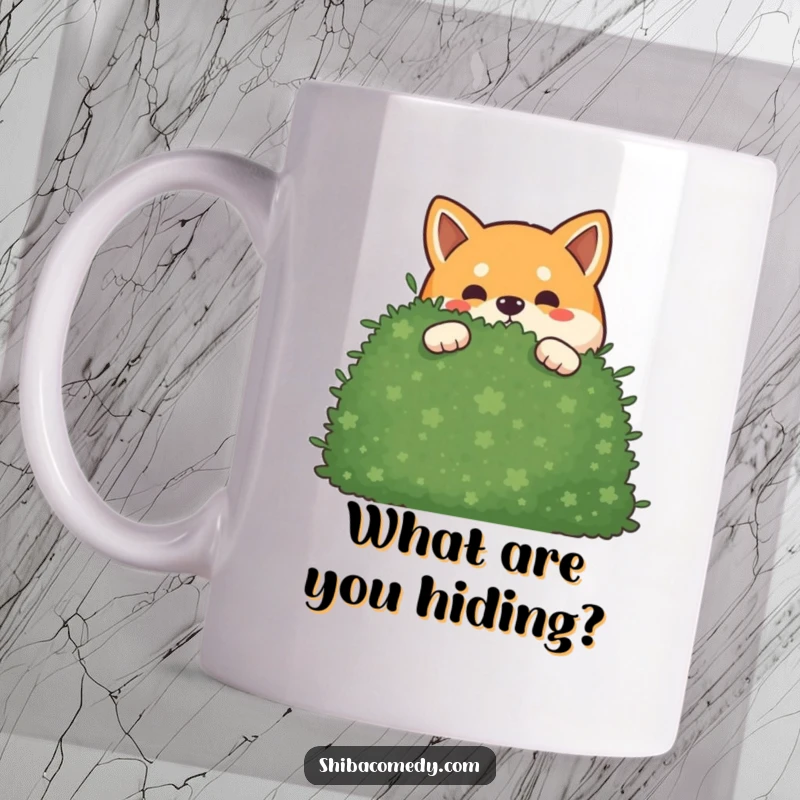 Funny mischievous Shiba Inu mug with a dog peeking out from behind a large bush, looking playful and sly.