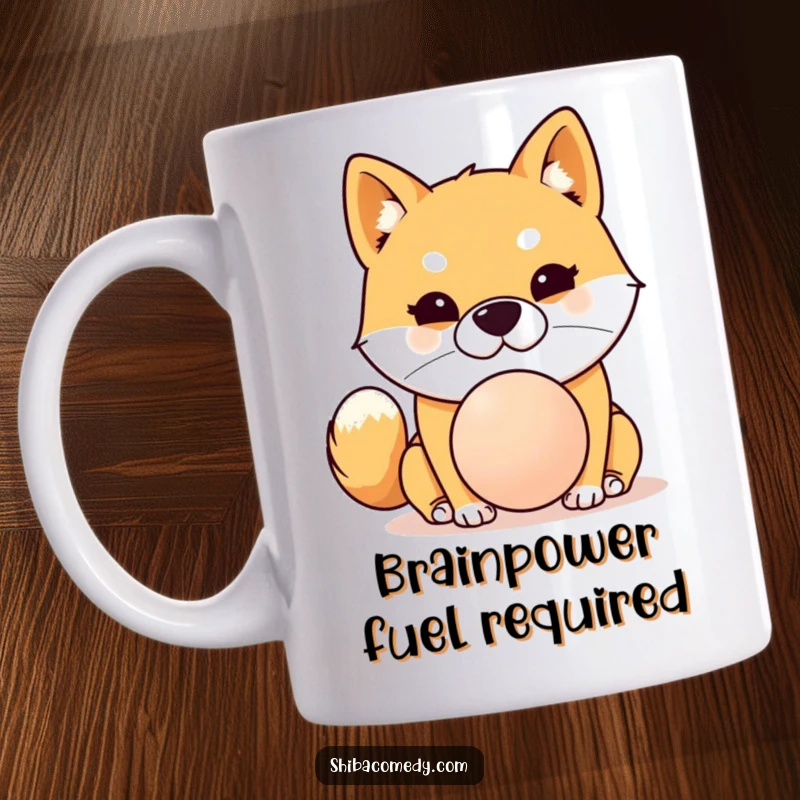 Funny Shiba Inu mug showing a determined dog concentrating hard while balancing a ball on its nose, perfect for dog lovers.