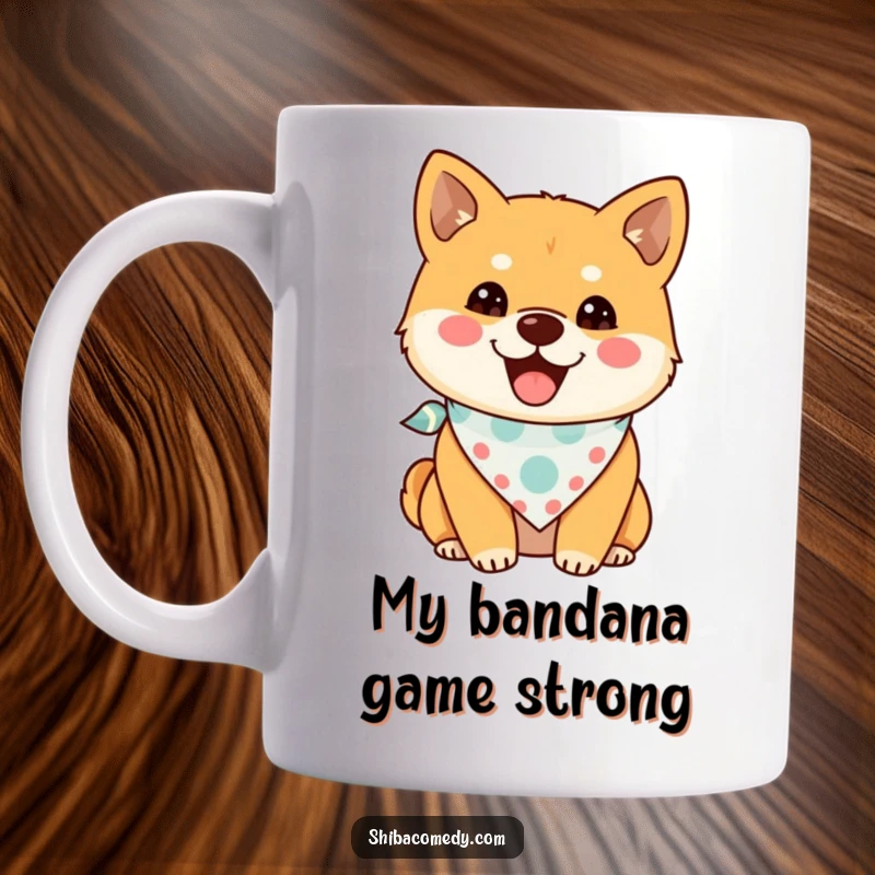 Funny Shiba Inu Mug featuring a happy dog with a cute tiny bandana, perfect for dog lovers and a great funny gift.