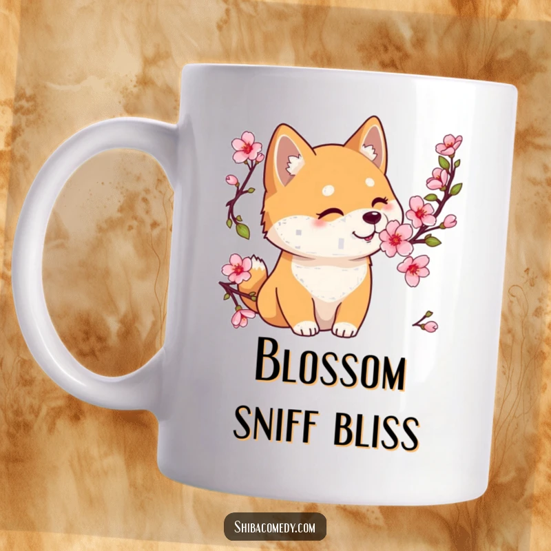 Funny Shiba Inu mug featuring a gentle dog sniffing a delicate blooming cherry blossom, portraying peace and natural beauty.