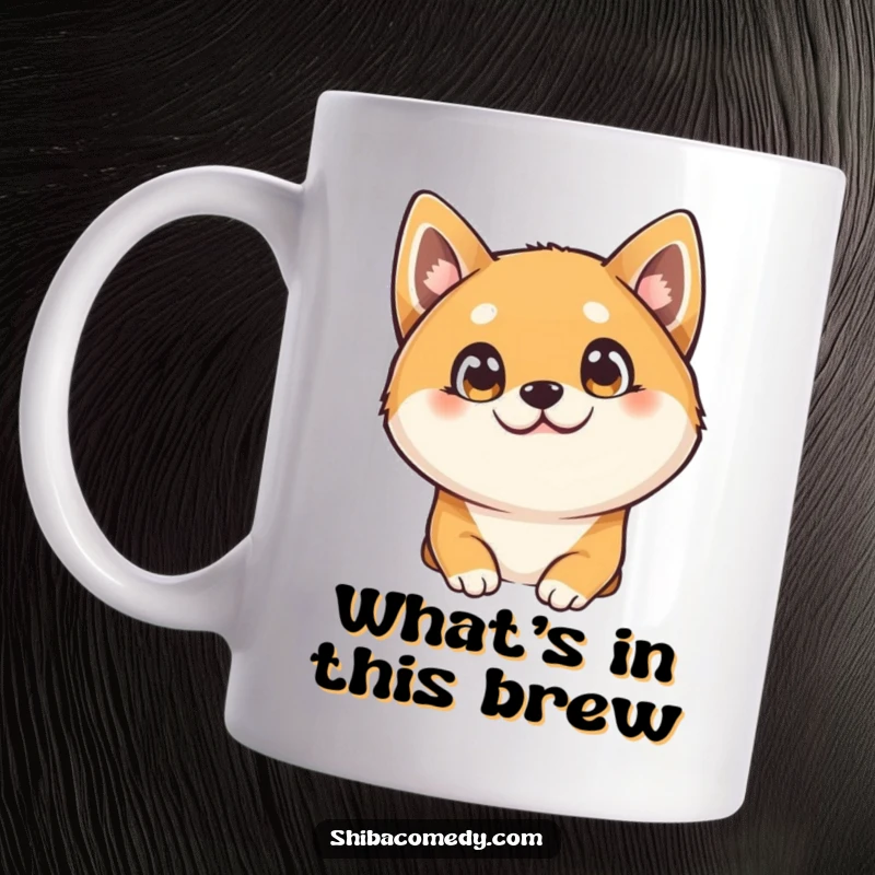 Funny Shiba Inu mug, a curious dog tilts its head with large, bright eyes, perfect humorous gift for dog lovers.