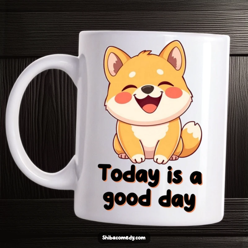 Funny Shiba Inu mug featuring a grinning dog with tail curled high, embodying pure, unadulterated, hilarious canine happiness.