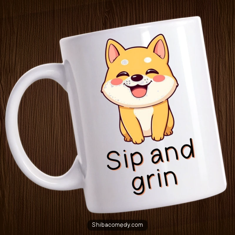 Funny Shiba Inu dog character with a wide grin, panting happily on a mug, radiating pure, unadulterated doggy joy.