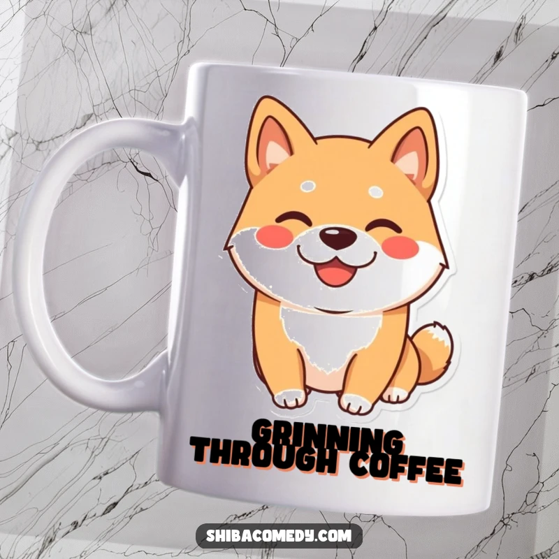 Funny Shiba Inu Mug: A happy Shiba Inu dog with a wide, playful grin, bringing cheerful vibes to your coffee break.