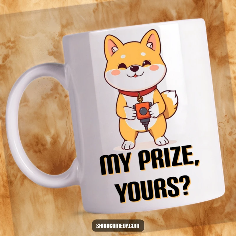 Funny Shiba Inu Mug: A Shiba Inu stands with proud posture, holding a beloved toy, embodying happy ownership and accomplishment.