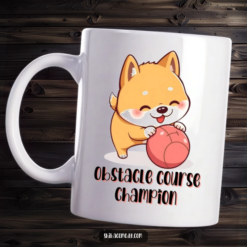 Funny Shiba Inu playfully nudging a rolling ball, captured in a humorous mug design.