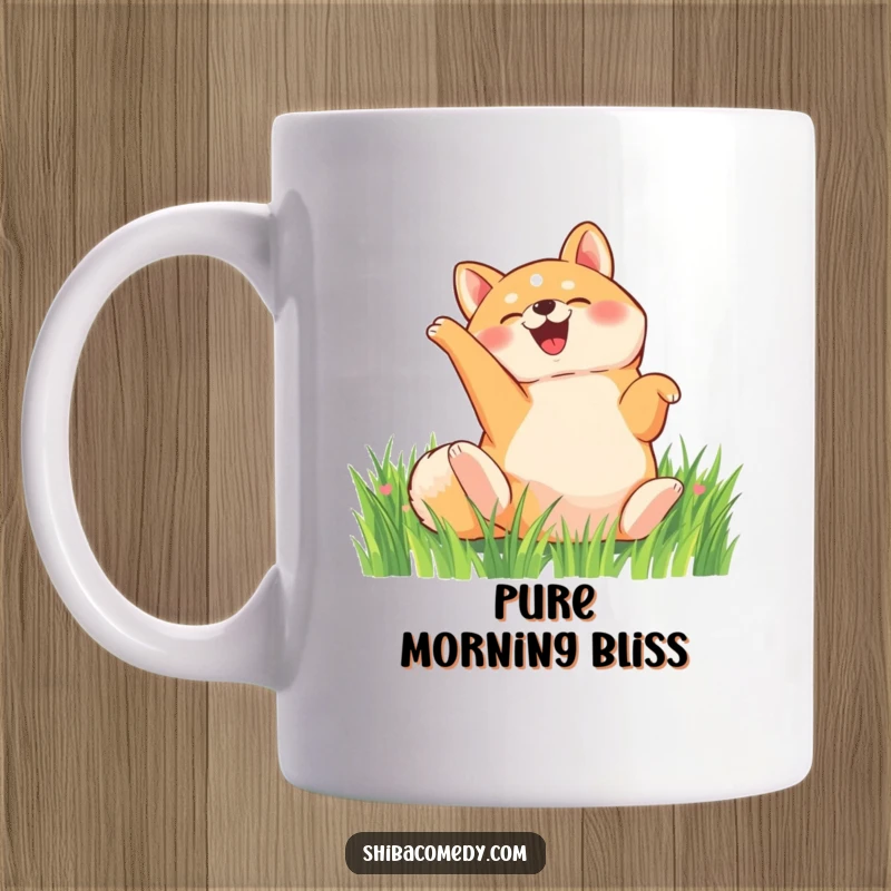 Funny Shiba Inu mug, a delighted dog rolls on its back in a grassy field, perfect humorous gift for dog lovers.
