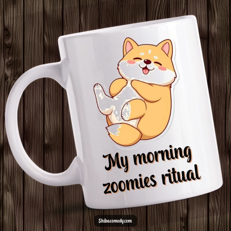 Funny Shiba Inu mug featuring a happy dog rolling on its back with paws in the air, embodying playful bliss and irresistible charm.