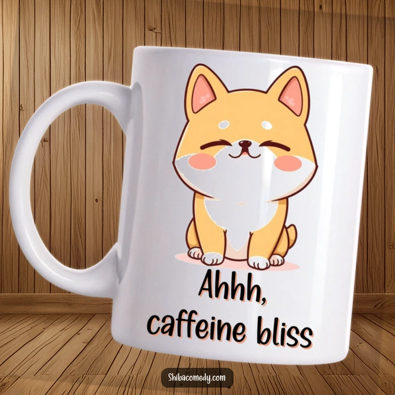 Funny Shiba Inu mug featuring a dog with eyes closed, caught in a hilarious, blissful, happy sigh of pure contentment.