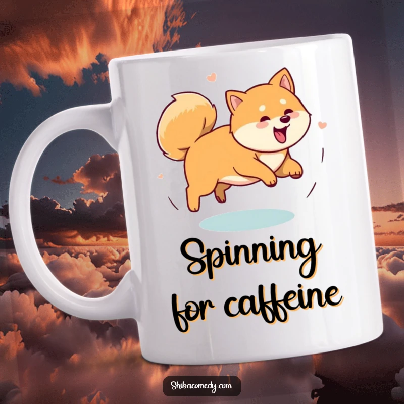 Funny Shiba Inu dog in a comical circular chase after its own tail, printed on a mug for endless amusement.