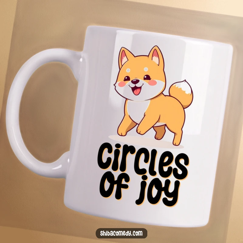 Funny mug featuring a playful Shiba Inu dog in a comical stance, enthusiastically chasing its own tail.
