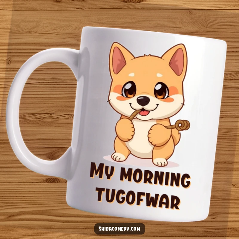 Funny mug showing a Shiba Inu dog with large, expressive eyes intensely playing tug-of-war with a rope, capturing playful energy.