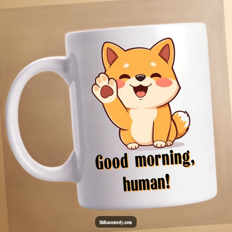 Funny Shiba Inu mug featuring a cheerful dog with a paw raised in a friendly greeting, full of warmth.