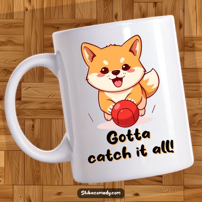 Funny Shiba Inu mug showing a dog with a determined expression, intensely chasing a red ball, capturing focused, humorous energy.