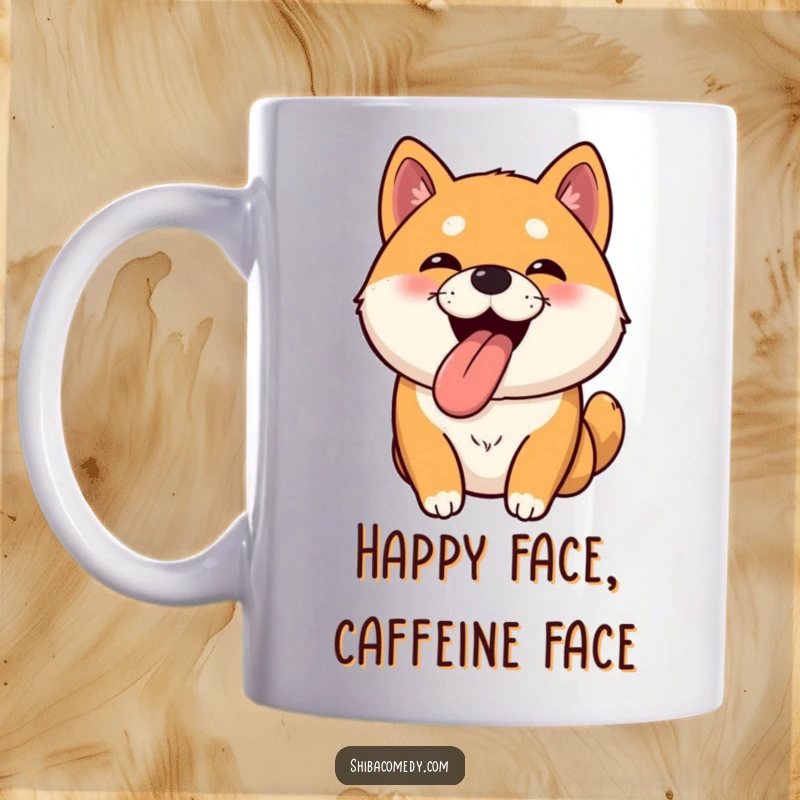 Funny Shiba Inu mug featuring a bouncy dog with its tongue lolling out happily, full of excitement.