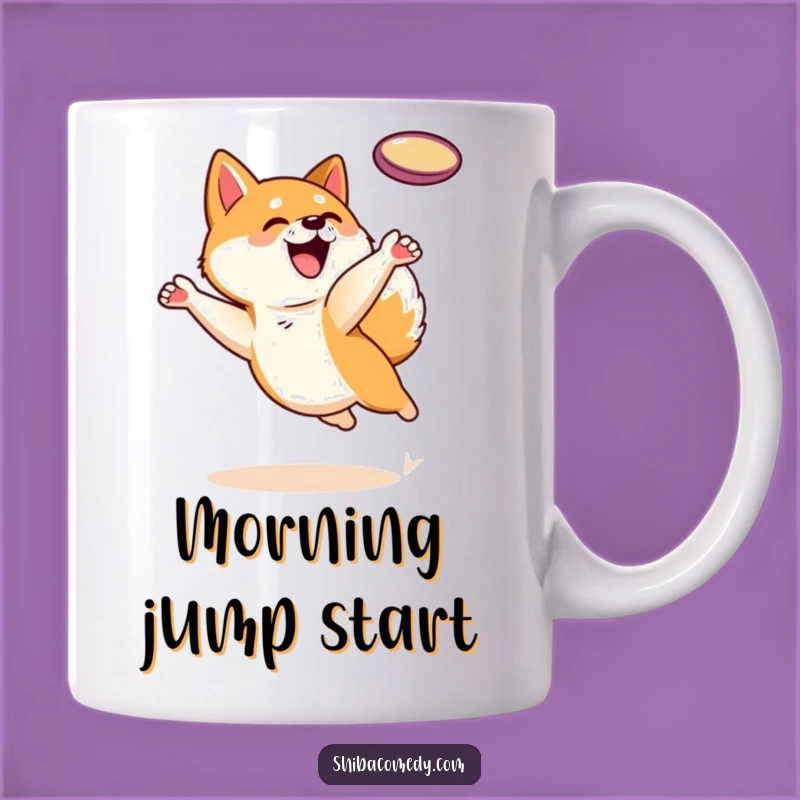 Funny Shiba Inu Mug: Frisbee Leap Action, Perfect Gift for Active Dogs