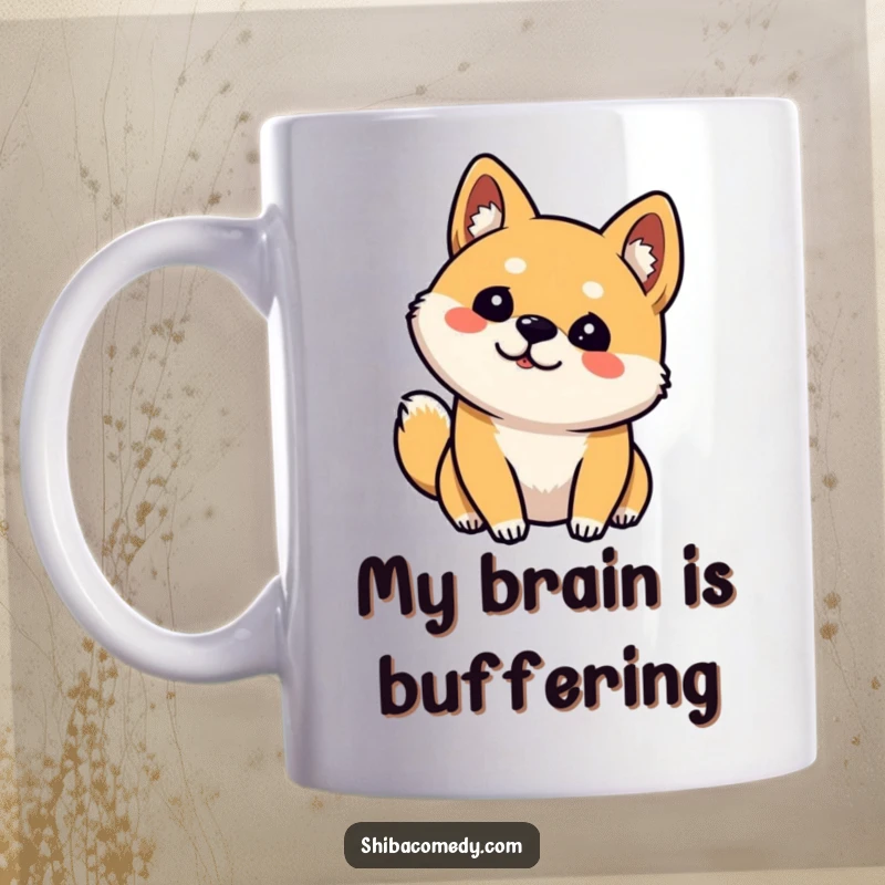 Funny Shiba Inu Mug: Curious dog tilting head, one ear up, looking quizzical and adorable, perfect for dog lovers.