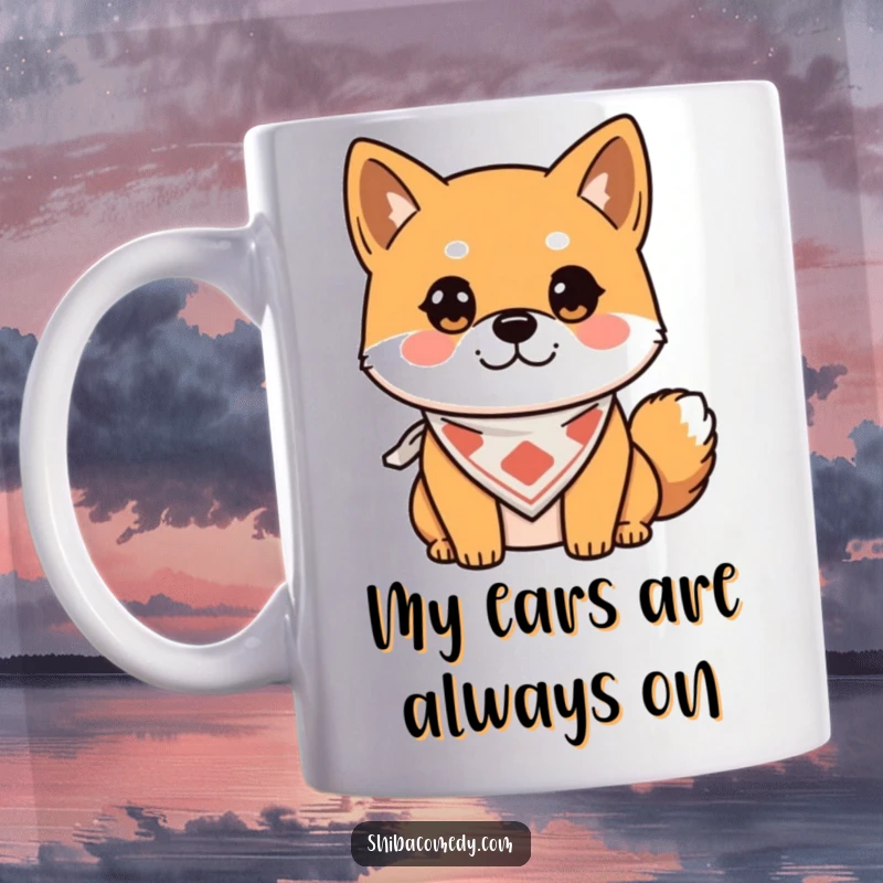 Funny Mug with an alert Shiba Inu wearing a bandana, looking ready for anything, a perfect humorous gift.