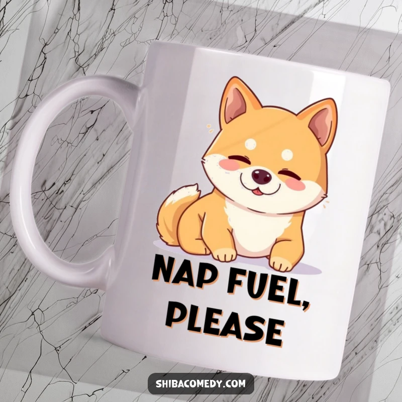 Funny Shiba Inu mug showing a content dog snoozing peacefully in a warm sunbeam, radiating relaxation.