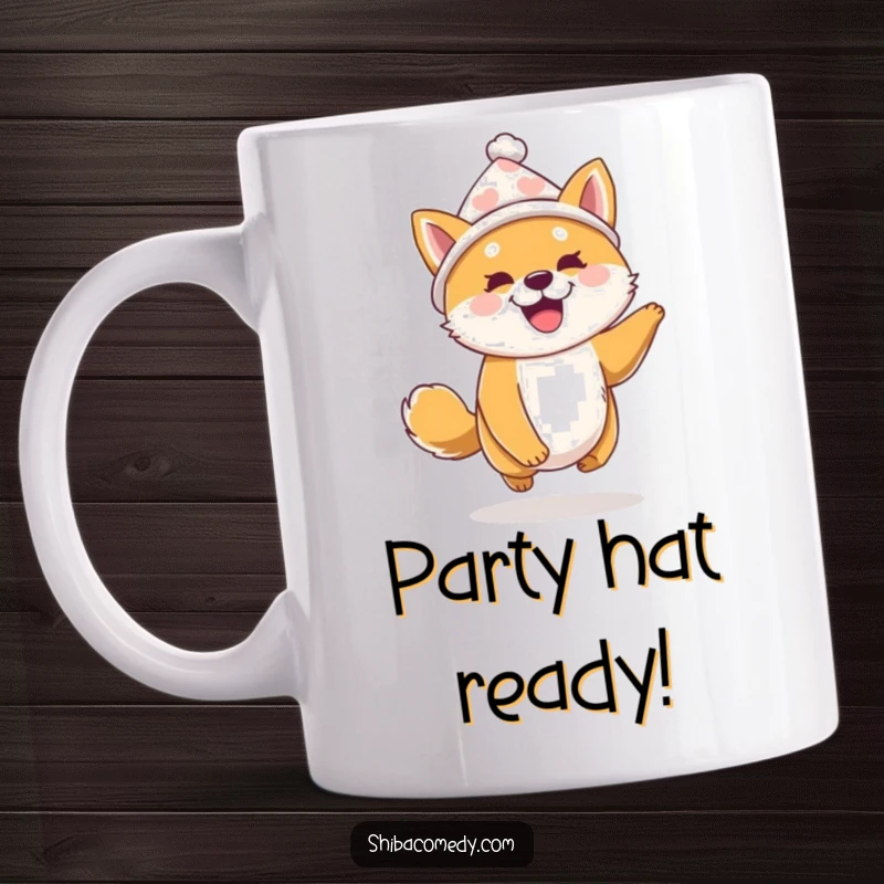 Funny Shiba Inu Mug: A Shiba Inu wearing a tiny, festive hat bounces excitedly, embodying pure, unadulterated canine joy.