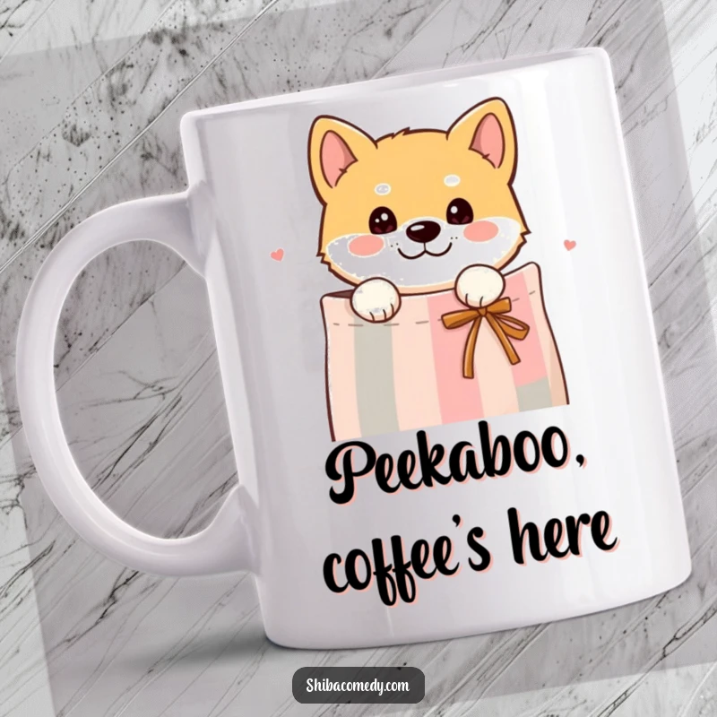 Funny mug showing a curious Shiba Inu dog peeking its head out from a colorful gift bag, inviting a playful surprise.