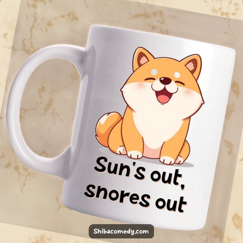 Funny Shiba Inu mug showing a content dog with eyes closed, soaking up the sun. Perfect for a relaxing coffee or tea break.