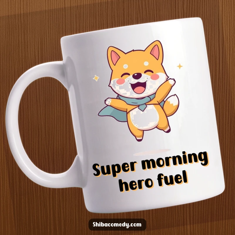 Funny Shiba Inu dog wearing a tiny cape, leaping joyfully in the air, printed on a mug for heroic cheer.