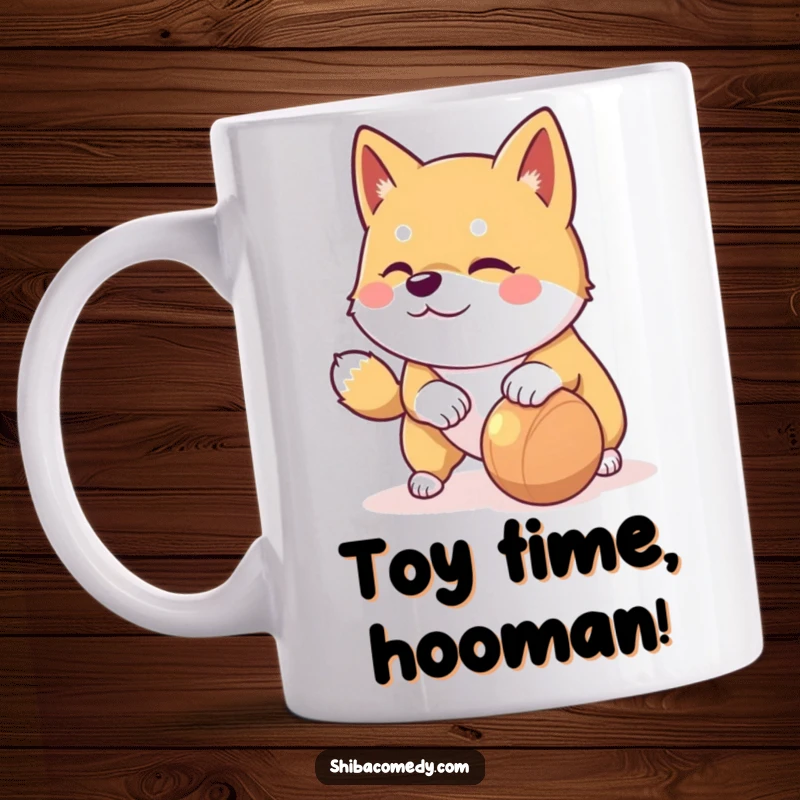 Funny Shiba Inu mug showing a playful dog with a mischievous glint nudging a rolling toy, ready for fun.