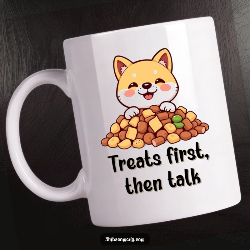 Funny Shiba Inu mug featuring a smiling dog peeking from behind a pile of delicious treats, looking utterly delighted and mischievous.