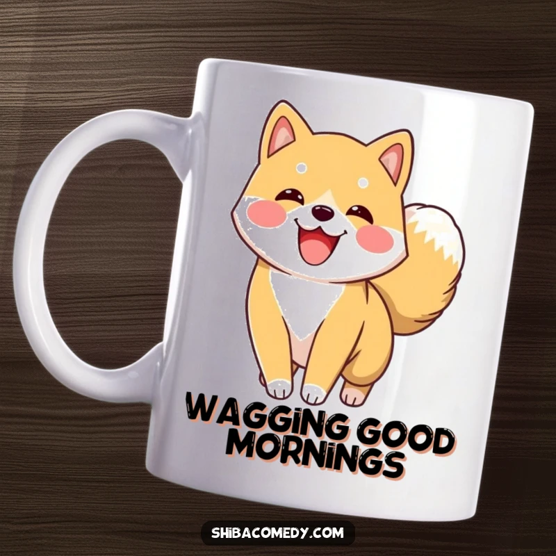 Funny Shiba Inu Mug featuring an excited Shiba Inu character energetically wagging its fluffy tail, radiating pure happiness.