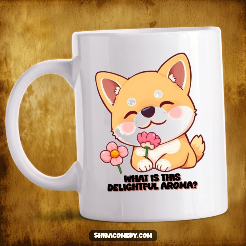 Funny mug depicting a curious Shiba Inu dog tilting its head to sniff a delicate flower, showcasing gentle dog humor.