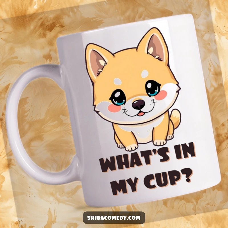 Funny Shiba Inu mug featuring a dog with big, bright, curious eyes looking straight ahead, radiating intelligence and charm.