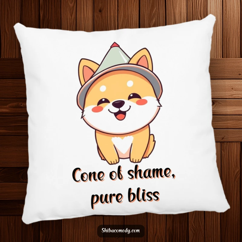 Funny Shiba Inu with a cone hat resting happily, a humorous and comfy pillow for dog lovers.