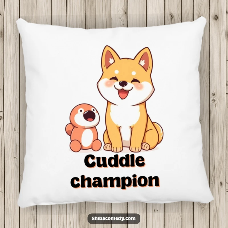 Funny pillow featuring a Shiba Inu with a goofy smile, proudly sitting next to its toy, embodying happiness.