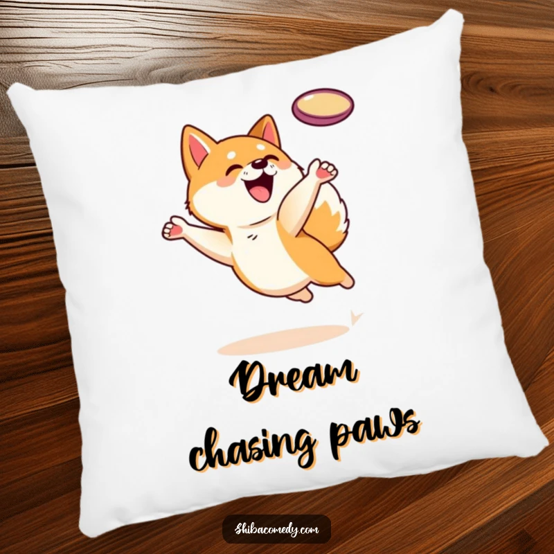 Funny Shiba Inu dog character leaping to catch a frisbee on a pillow, offering cozy comfort and a touch of playful energy.