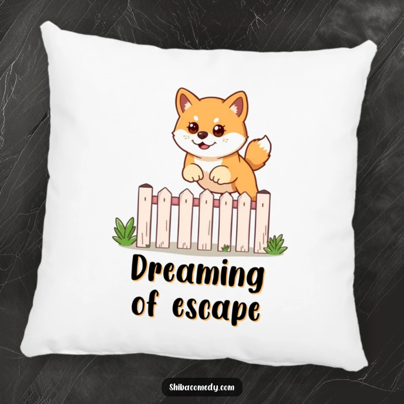 Funny pillow featuring a Shiba Inu with a determined gaze, leaping over a garden fence, embodying ambition.