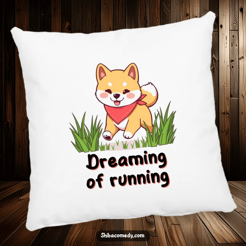 Funny Shiba Inu pillow featuring a happy dog in a bandana bounding through grass, offering comfort and playful energy.