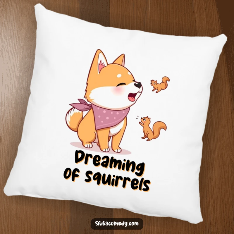 Funny pillow decor with a Shiba Inu in a bandana, barking enthusiastically at a squirrel, offering comfort and a dose of humor.