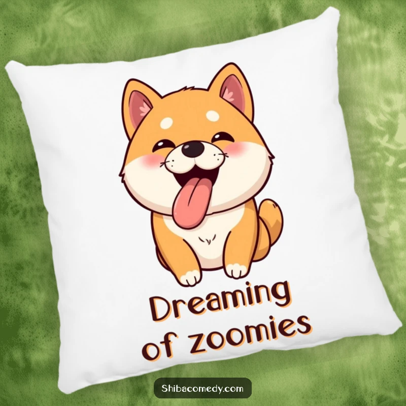 Funny Shiba Inu pillow with a bouncy dog whose tongue is lolling out happily, a fun decorative cushion.