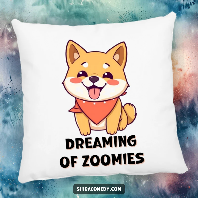 Funny Shiba Inu pillow featuring a smiling dog wearing a bandana, panting happily, offering comfort and humorous cheer.