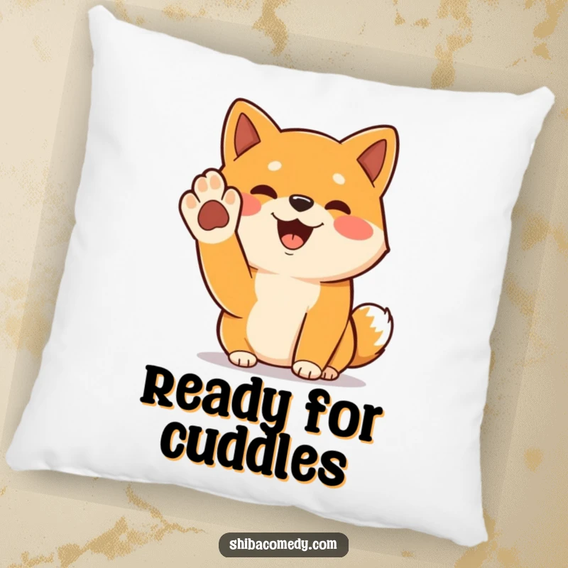 Funny Shiba Inu pillow with a cheerful dog raising its paw in a greeting, a soft decorative cushion.