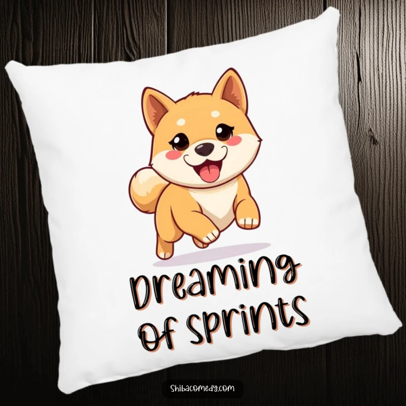 Funny Shiba Inu pillow featuring an eager dog ready for a run, providing comfort and a playful touch to home decor.