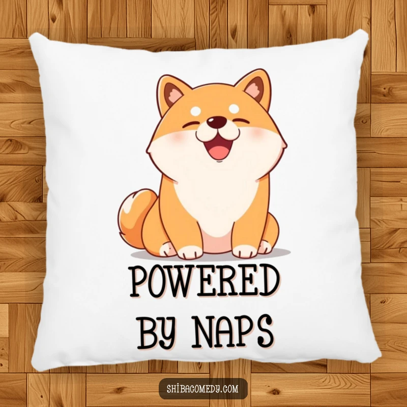 Funny Shiba Inu pillow with a content dog eyes closed, relaxing in a sunny spot. Decorative and humorous cushion.
