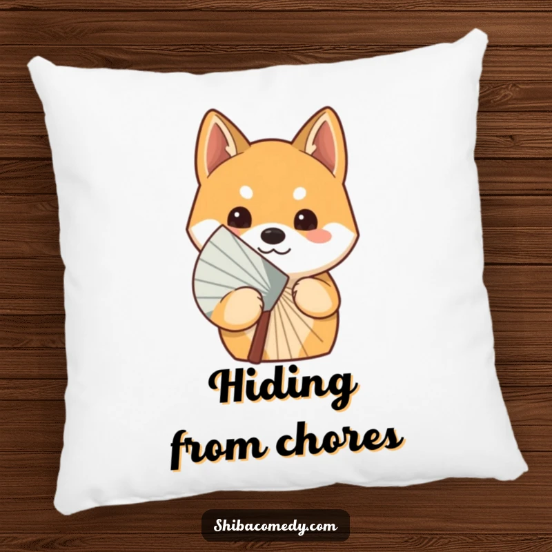 Funny curious Shiba Inu dog peeking from behind a fan, featured on a soft pillow for maximum cuddles and playful intrigue.