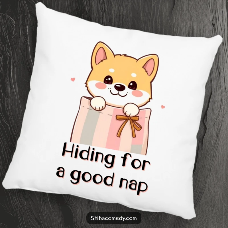 Funny pillow featuring a curious Shiba Inu dog peeking its head out from a gift bag, adding a touch of playful intrigue.