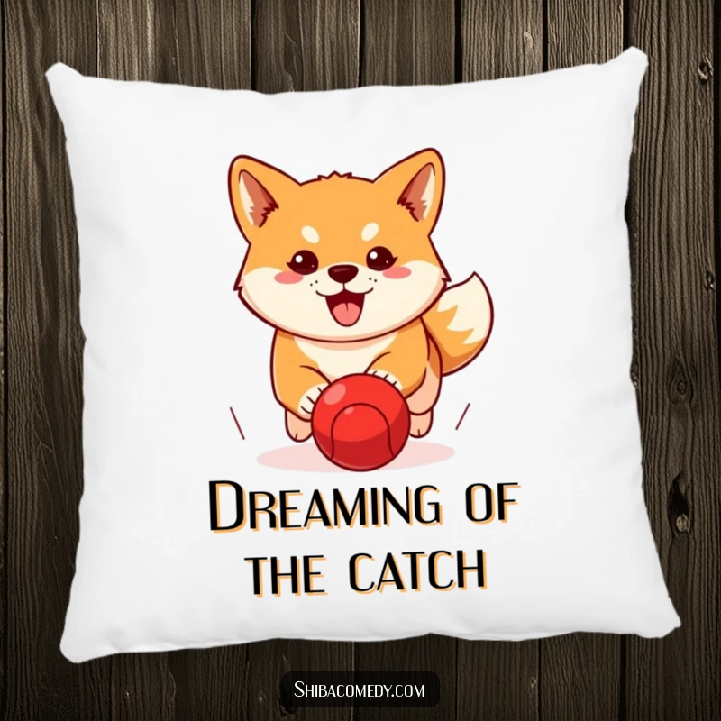 Funny Shiba Inu pillow featuring a determined dog chasing a red ball, offering comfort with humorous focus.