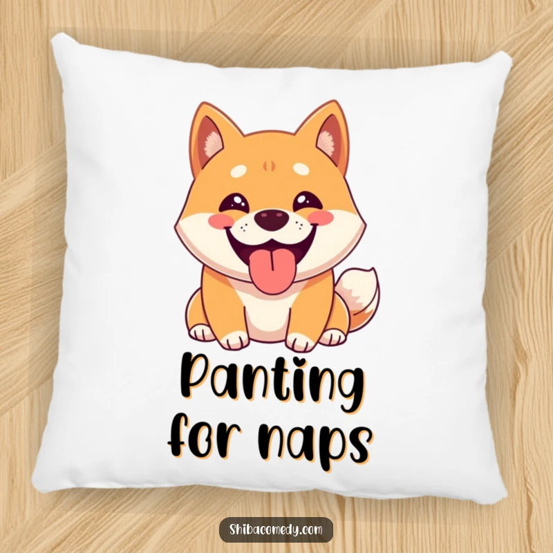 Funny Shiba Inu Pillow showing a happy Shiba Inu character with a wide grin, panting, bringing cozy canine amusement.