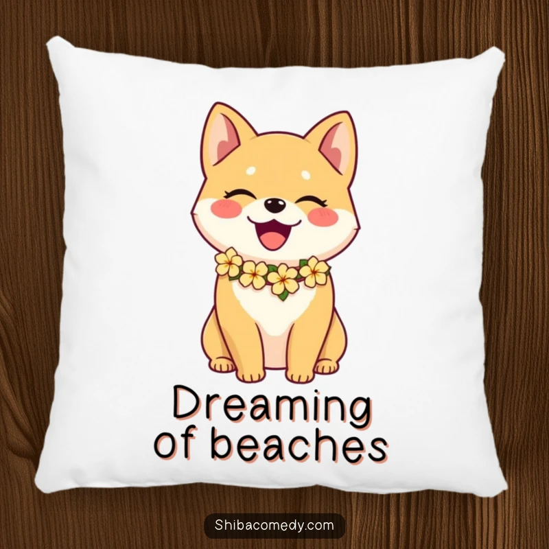 Funny Shiba Inu pillow with a happy dog wearing a colorful flower lei, perfect for adding a touch of tropical comfort.